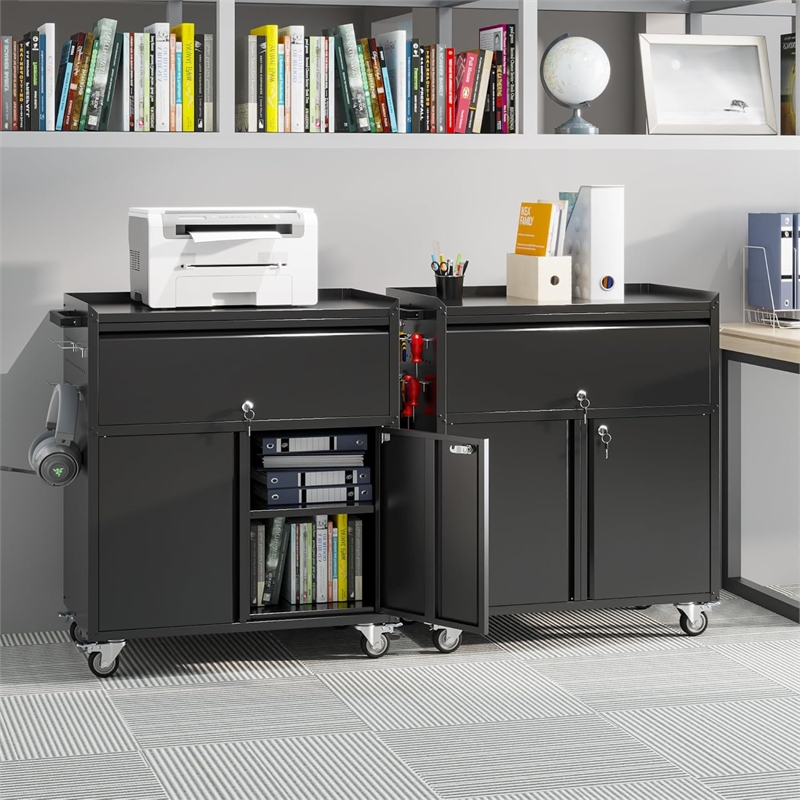 Metal Cabinet on Wheels Metal Garage Cabinet with 1 Drawer and 4 Hooks