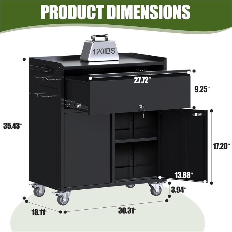 Metal Cabinet on Wheels Metal Garage Cabinet with 1 Drawer and 4 Hooks