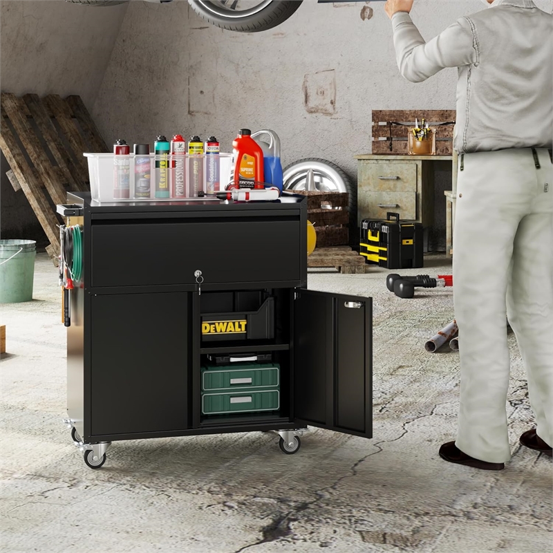 Metal Cabinet on Wheels Metal Garage Cabinet with 1 Drawer and 4 Hooks