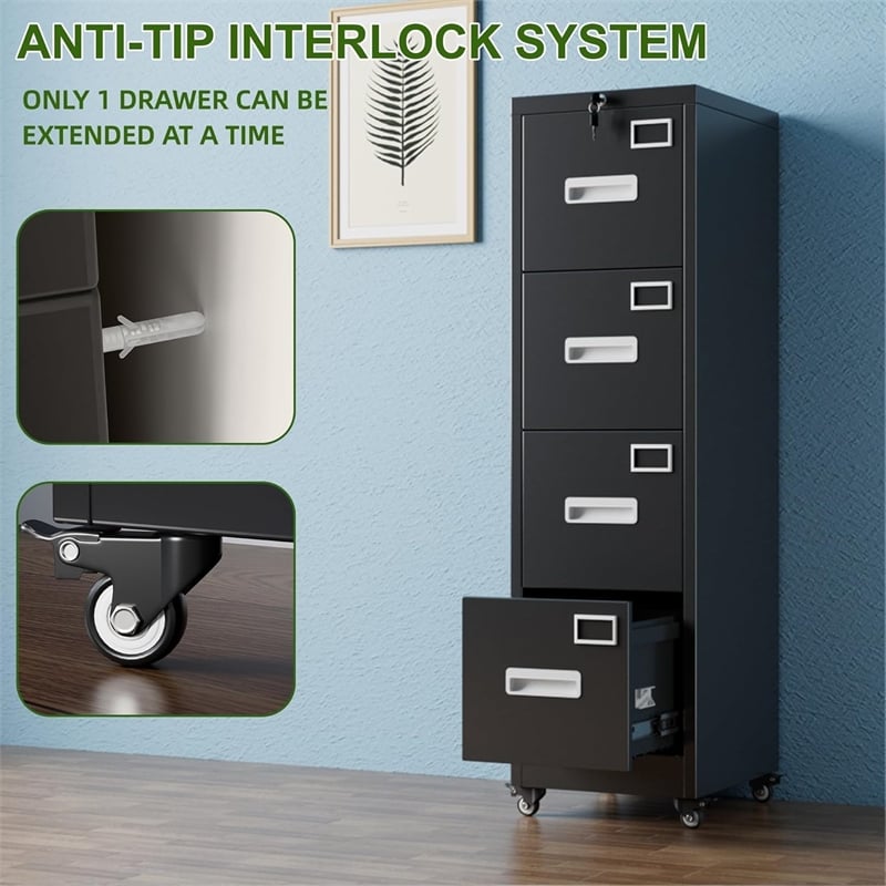 4 Drawer File Cabinet with Lock and Wheels