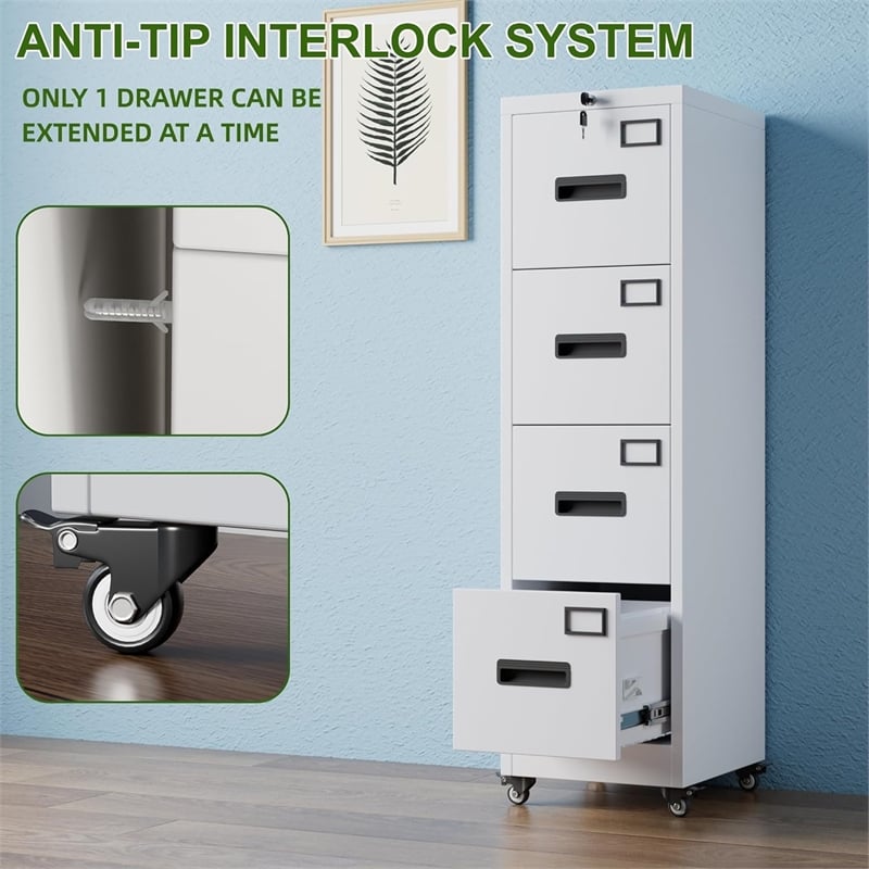 4 Drawer Filing Cabinet with Wheels  Lockable Metal File Cabinet with Name Card