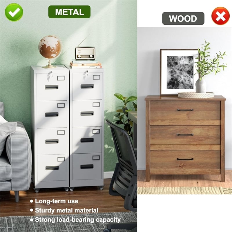 4 Drawer Filing Cabinet with Wheels  Lockable Metal File Cabinet with Name Card