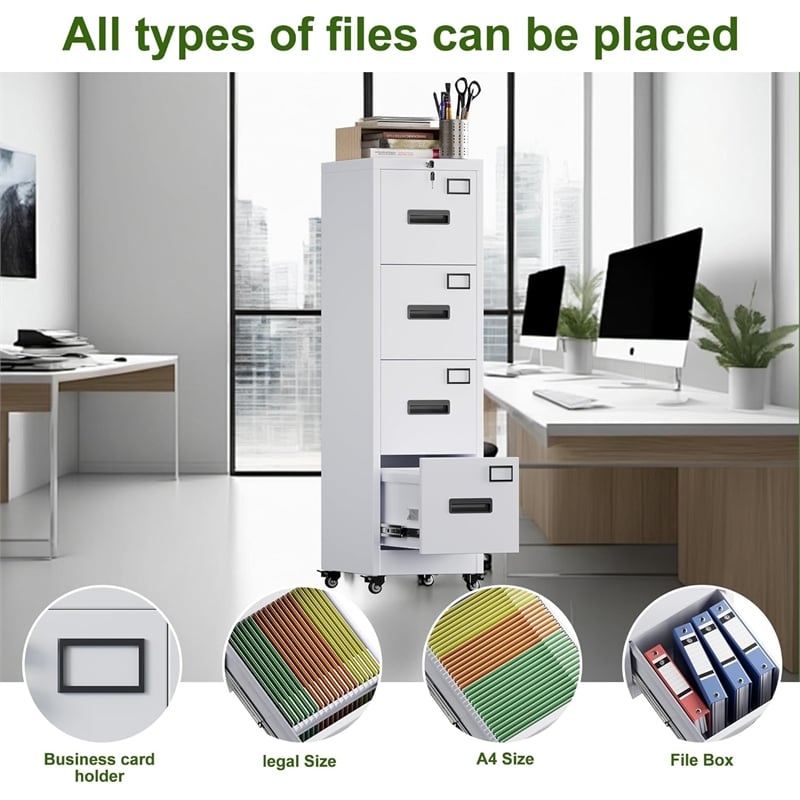4 Drawer Filing Cabinet with Wheels  Lockable Metal File Cabinet with Name Card