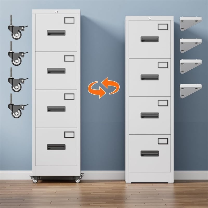 4 Drawer Filing Cabinet with Wheels  Lockable Metal File Cabinet with Name Card