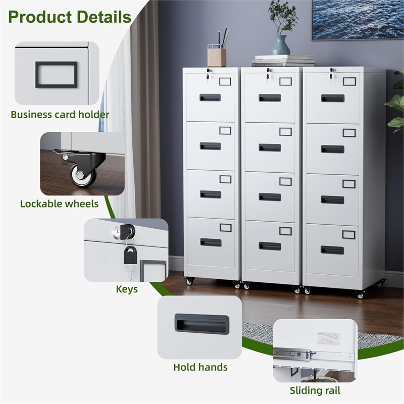 4 Drawer Filing Cabinet with Wheels  Lockable Metal File Cabinet with Name Card