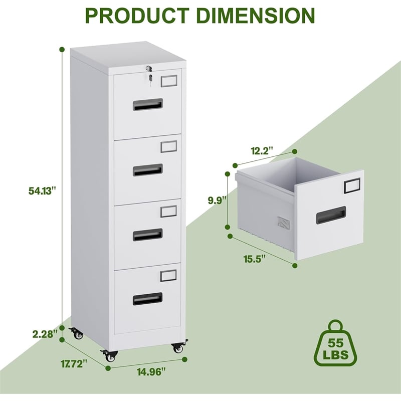 4 Drawer Filing Cabinet with Wheels  Lockable Metal File Cabinet with Name Card