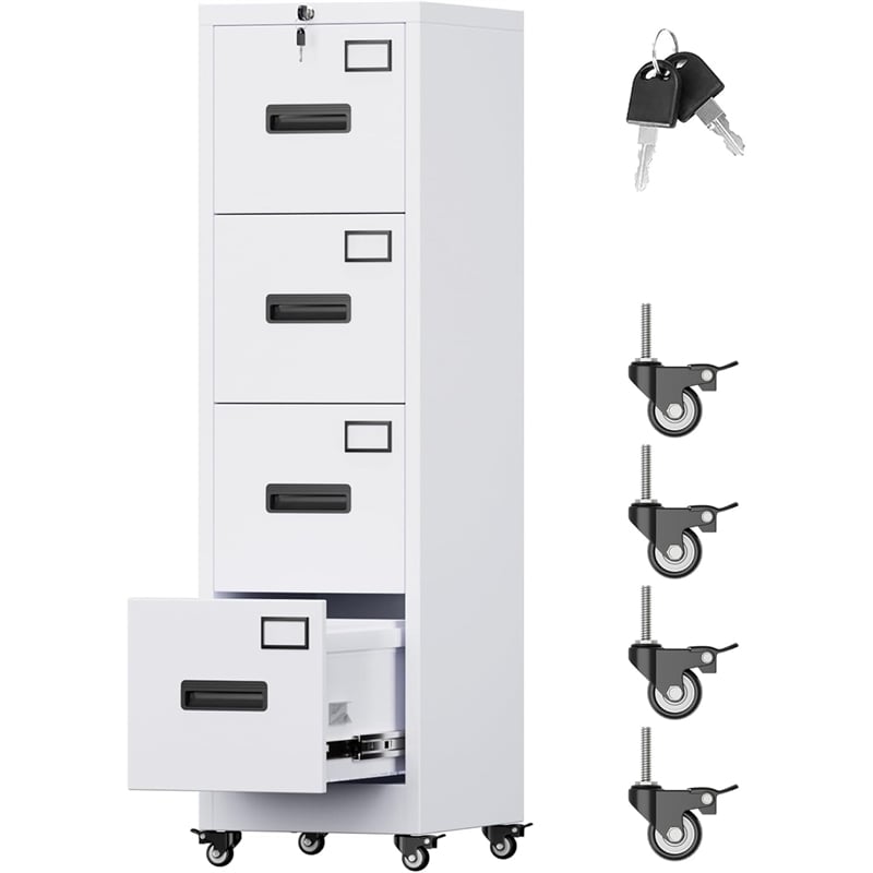 4 Drawer Filing Cabinet with Wheels  Lockable Metal File Cabinet with Name Card