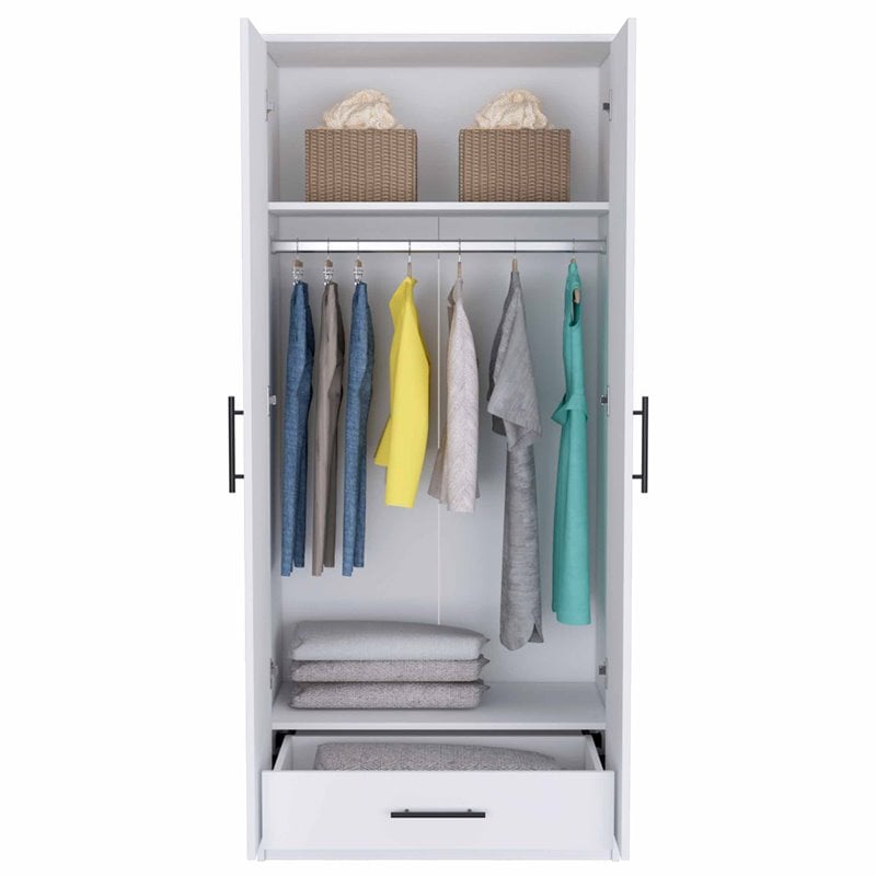 FM FURNITURE Rio 2-Door Wood Armoire with 1-Cabinet & One Hidden Drawer in White
