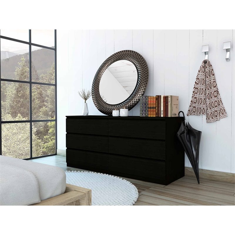 FM Furniture Seul Modern 6-Drawer Wood Bedroom Double Dresser in Black