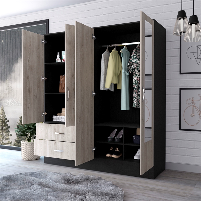 FM FURNITURE Florencia Mirrored Armoire Black Engineered Wood Wengue/Light Grey