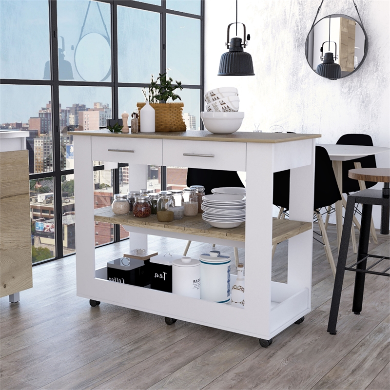 FM FURNITURE Brooklyn 46 Kitchen Island with Two Drawers Engineered Wood White