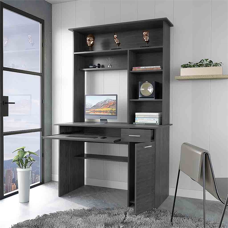 FM FURNITURE Weston Two Computer Desk with Hutch Engineered Wood Smokey Oak