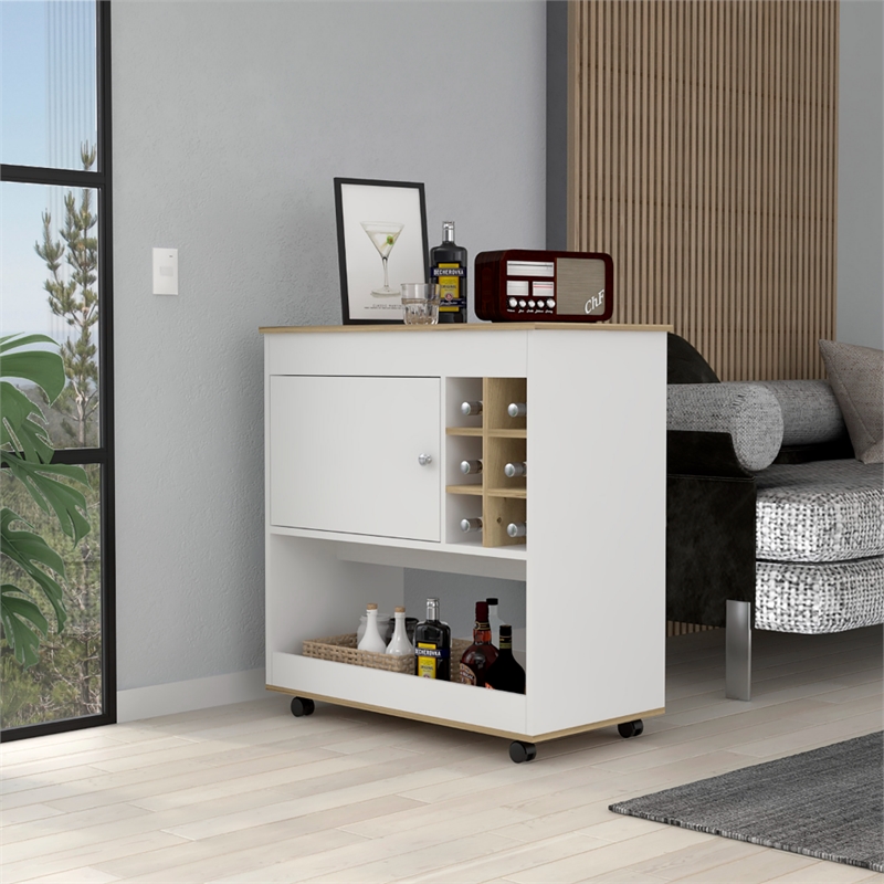 FM FURNITURE Texas 1-Shelf Modern Engineered Wood Bar Cart in Light Oak/White