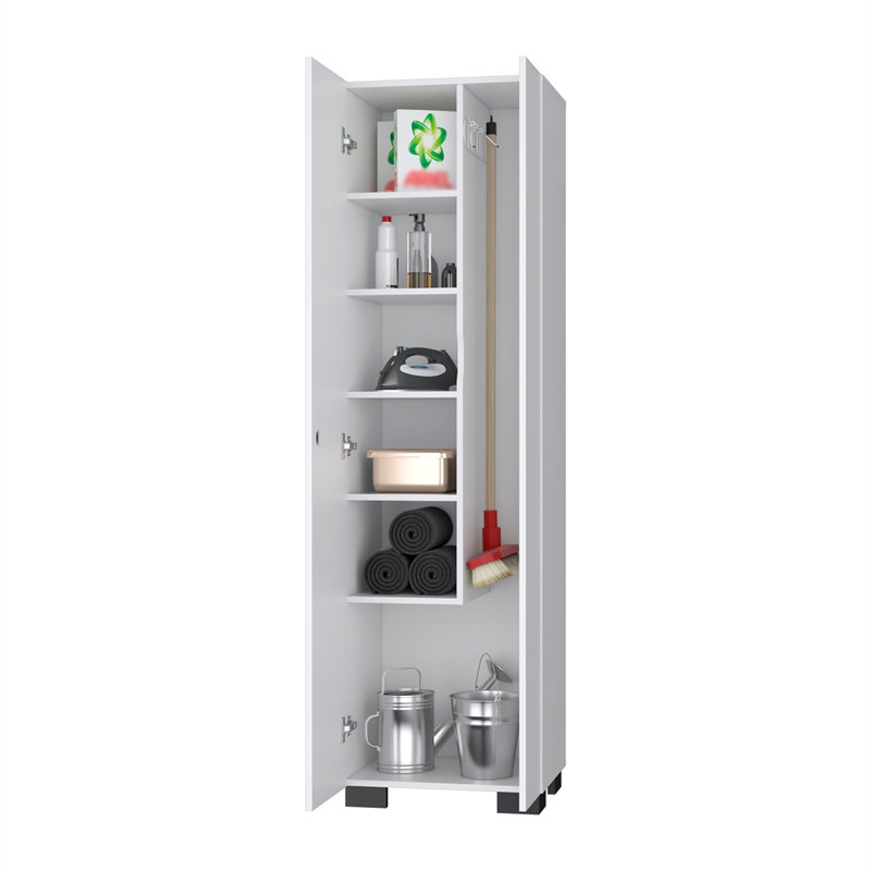 FM FURNITURE Aiken Broom Cabinet with Five Shelves Engineered Wood White