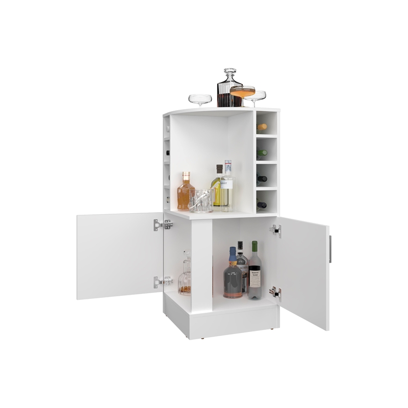 FM FURNITURE Toyei Corner Bar Cabinet with Bottle Rack Engineered Wood White