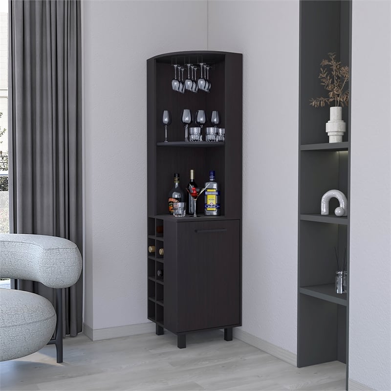 FM FURNITURE Leah Corner Bar cabinet with wine rack Black Wengue