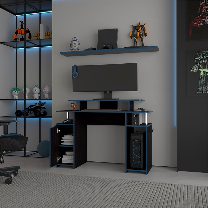FM FURNITURE Lol Minimalist Gaming Desk with Elevated Monitor Shelf Blue Accents