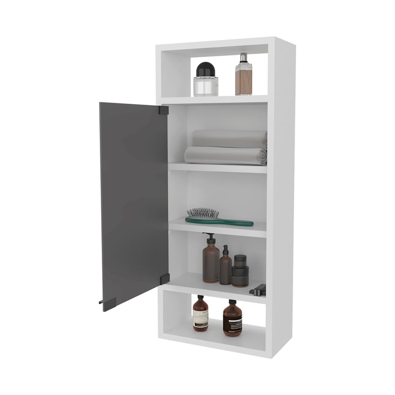 FM FURNITURE Pine Like Medicine Cabinet with Mirrored Door an Open Storage White