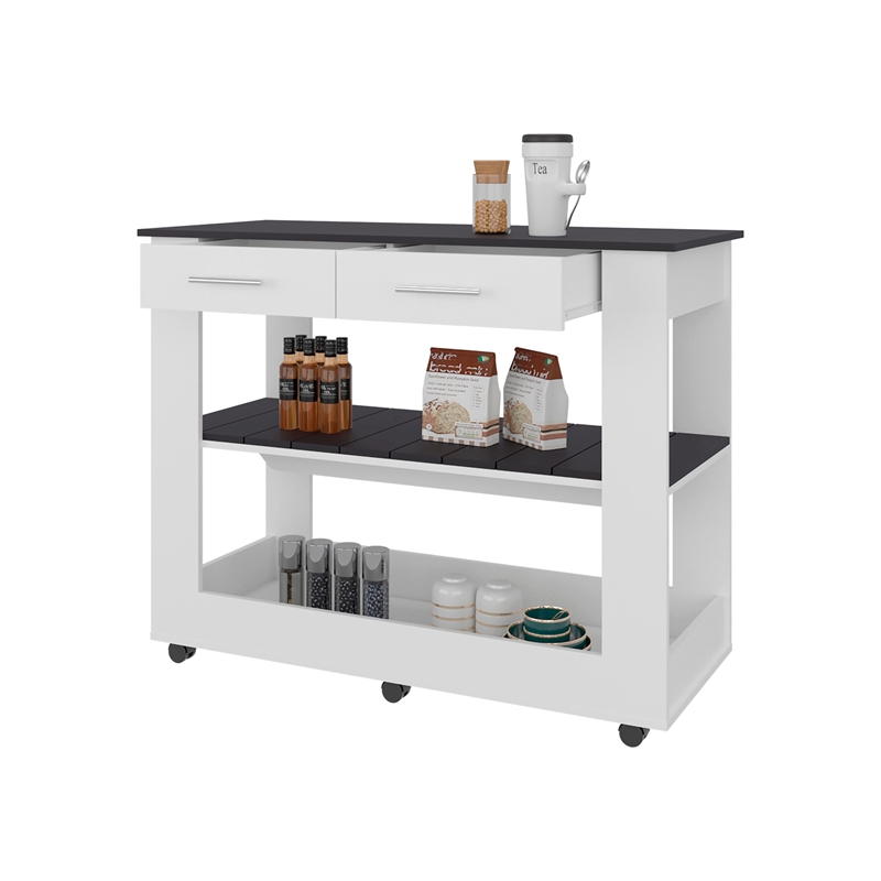 FM FURNITURE Kitchen Island with Open Storage White Engineered Wood