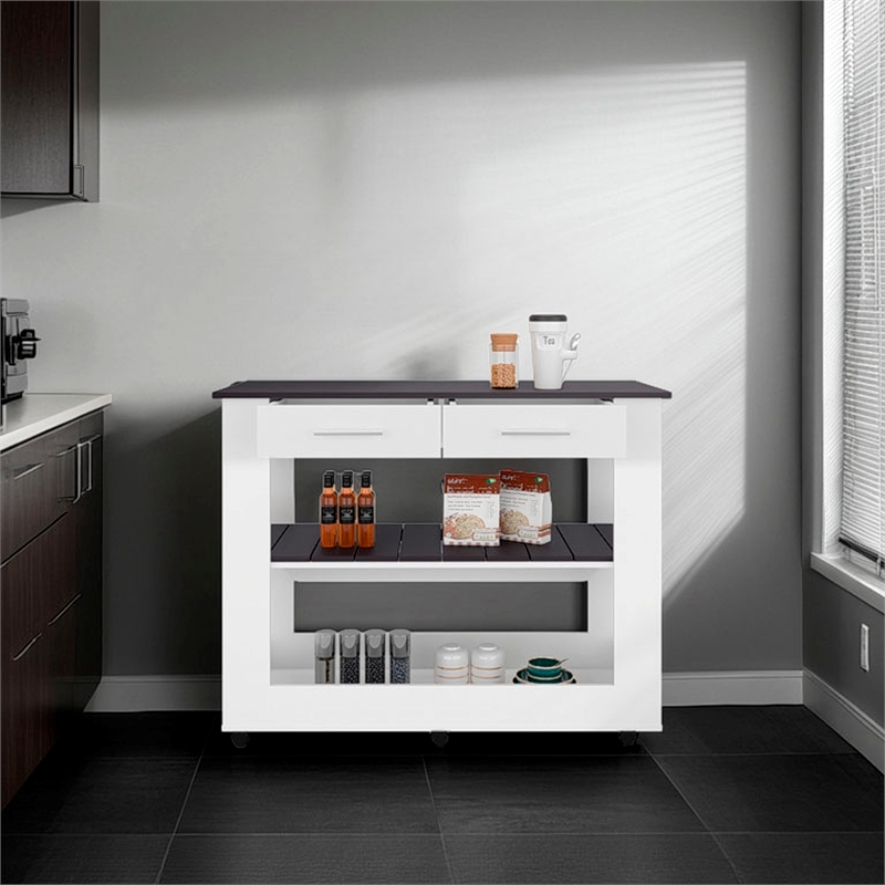 FM FURNITURE Kitchen Island with Open Storage White Engineered Wood