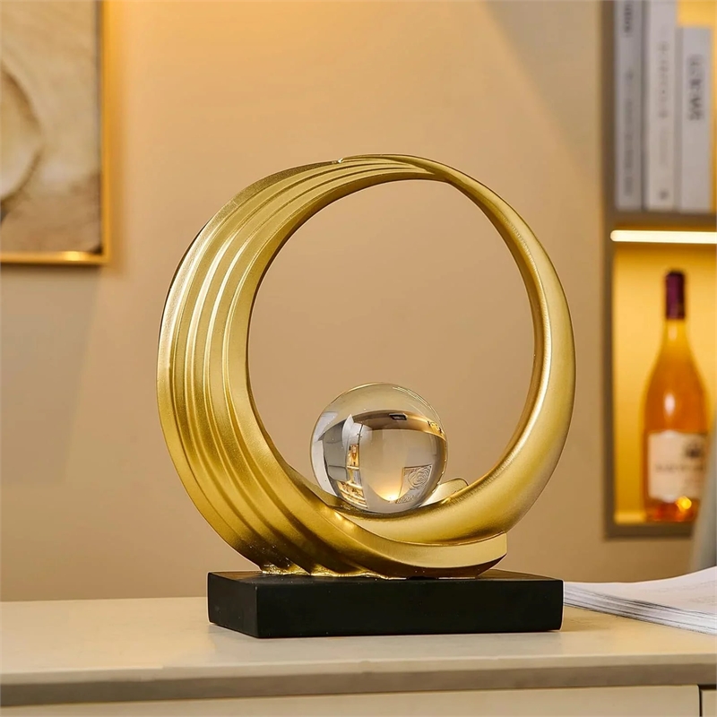 Modern Abstract Golden Resin Circle Crystal Ball Sculpture Elegant Decor