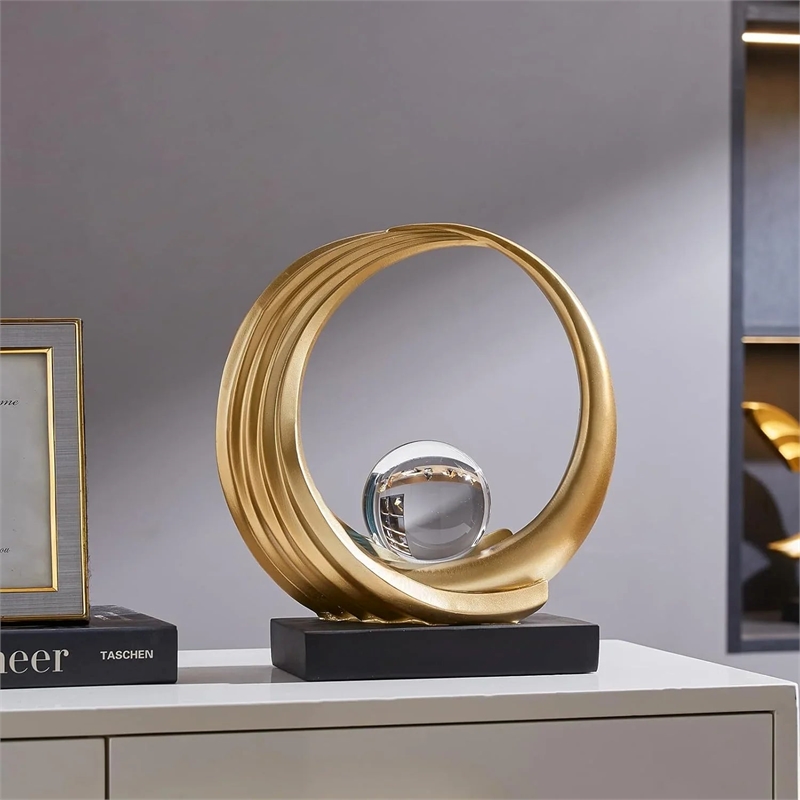 Modern Abstract Golden Resin Circle Crystal Ball Sculpture Elegant Decor