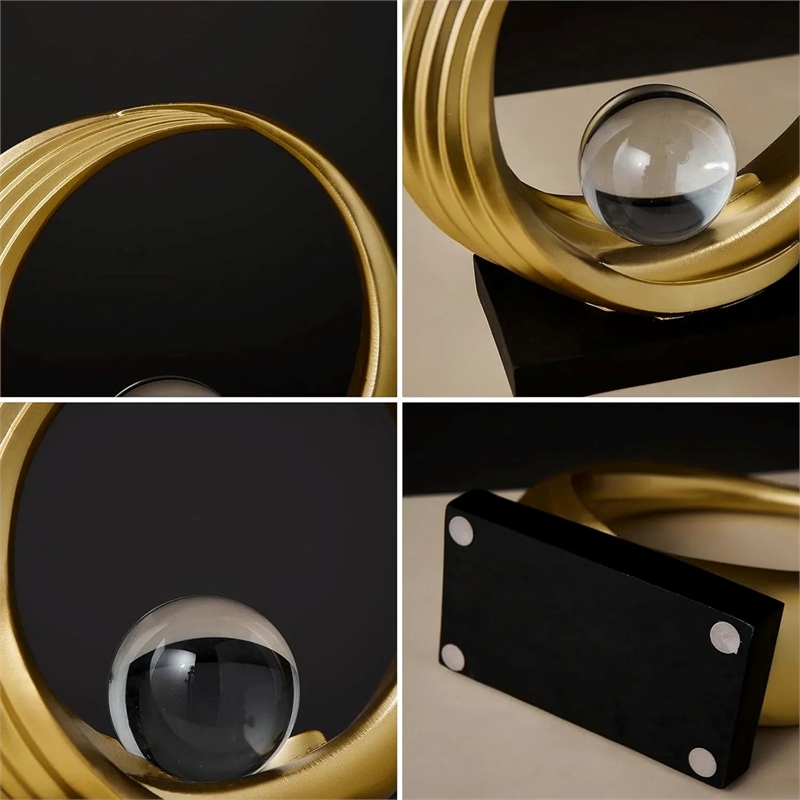 Modern Abstract Golden Resin Circle Crystal Ball Sculpture Elegant Decor