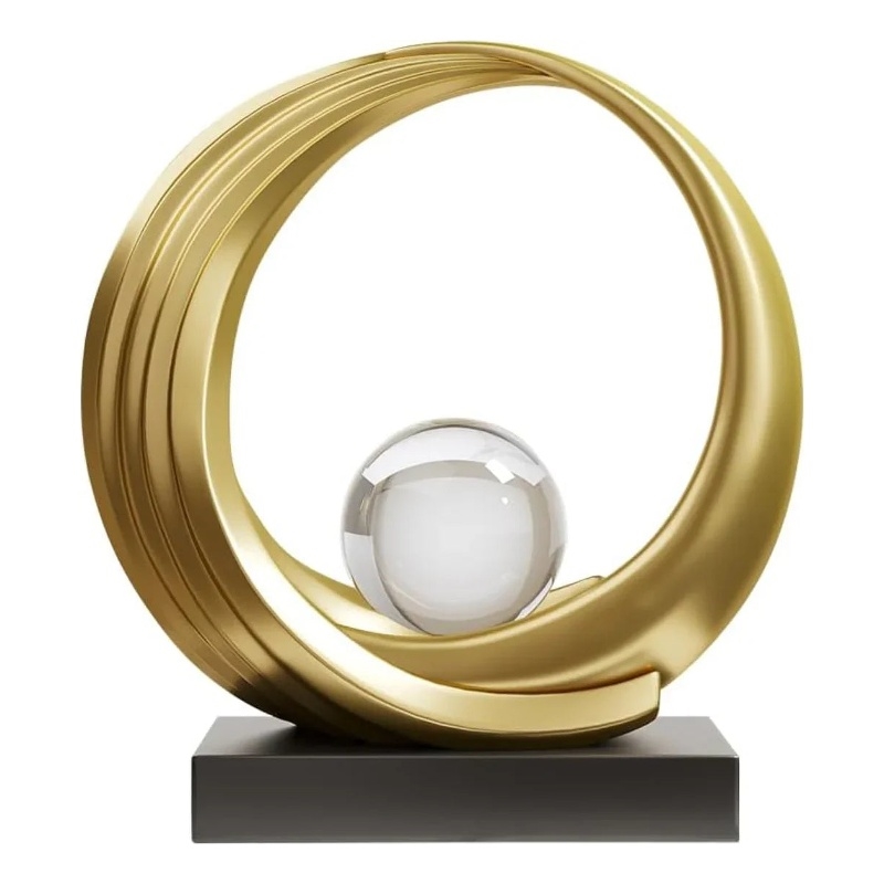 Modern Abstract Golden Resin Circle Crystal Ball Sculpture Elegant Decor
