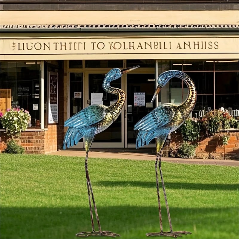 House of Avana Blue Gold Metal Crane Garden Sculpture Elegant Outdoor Decor