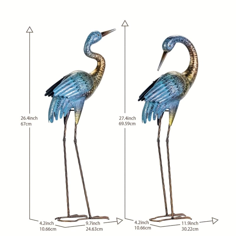 House of Avana Blue Gold Metal Crane Garden Sculpture Elegant Outdoor Decor