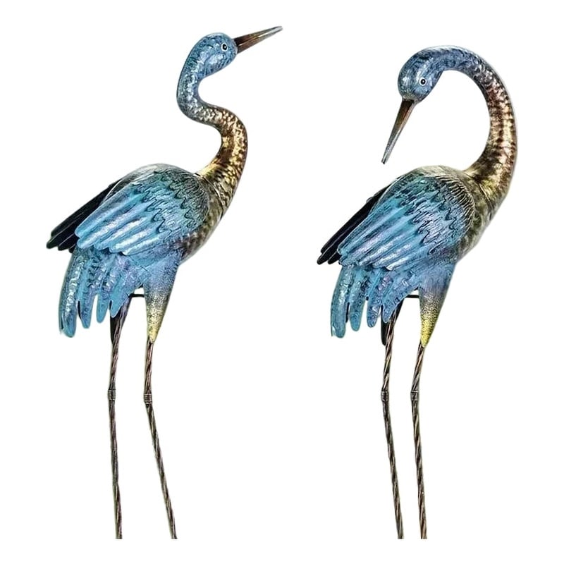 House of Avana Blue Gold Metal Crane Garden Sculpture Elegant Outdoor Decor