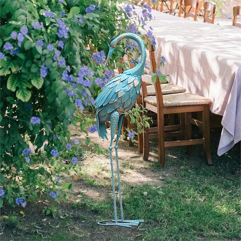 House of Avana Blue Metal Flamingo Statue Elegant Garden Decor Accent