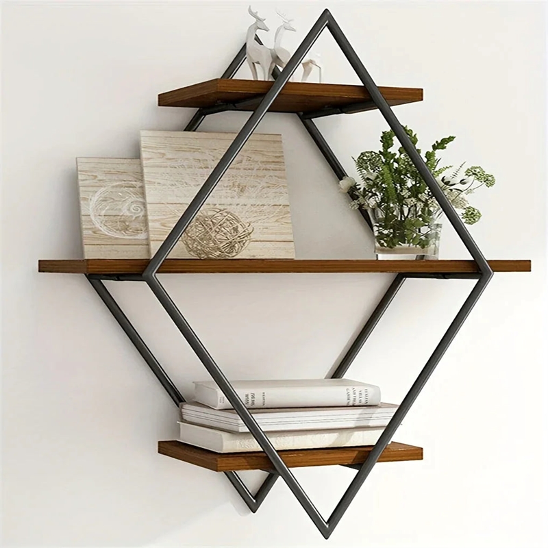 House of Avana Geometric Diamond Wall Shelves Brown Metal & Wood Shelves