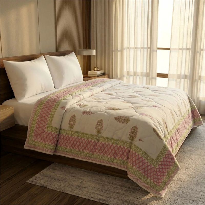 Cream & Rose Botanical Floral Jaipur Indian Hand Block Print Quilted Comforter