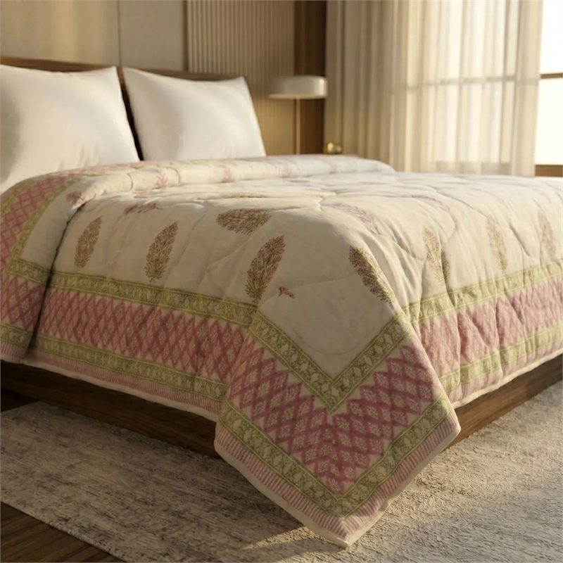 Cream & Rose Botanical Floral Jaipur Indian Hand Block Print Quilted Comforter