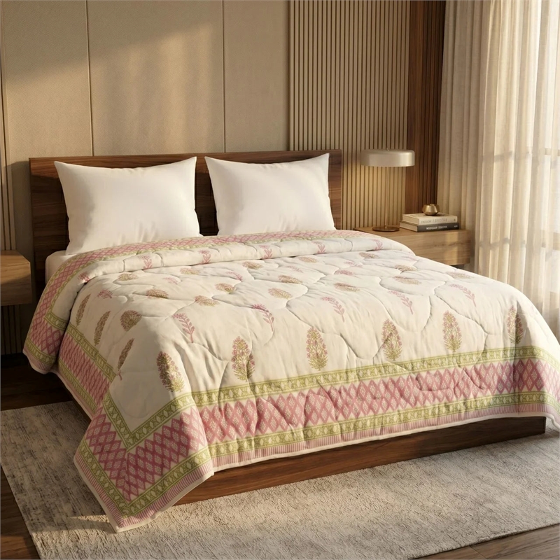Cream & Rose Botanical Floral Jaipur Indian Hand Block Print Quilted Comforter