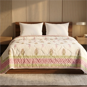Cream & Rose Botanical Floral Jaipur Indian Hand Block Print Quilted Comforter