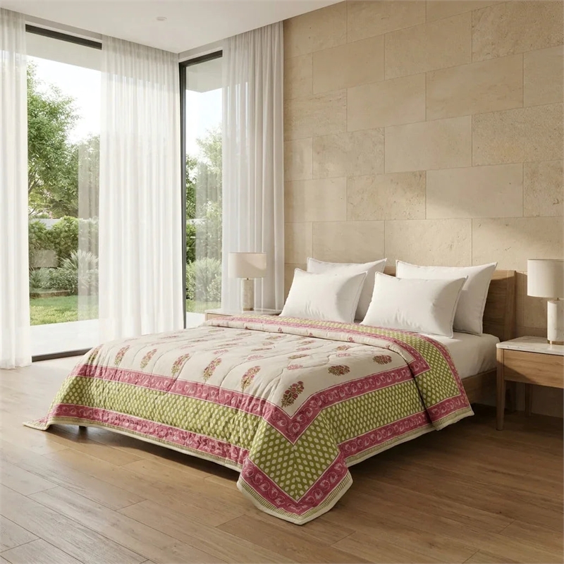 Cream & Deep Rose Olive Floral Jaipur Indian Hand Block Print Quilted Comforter