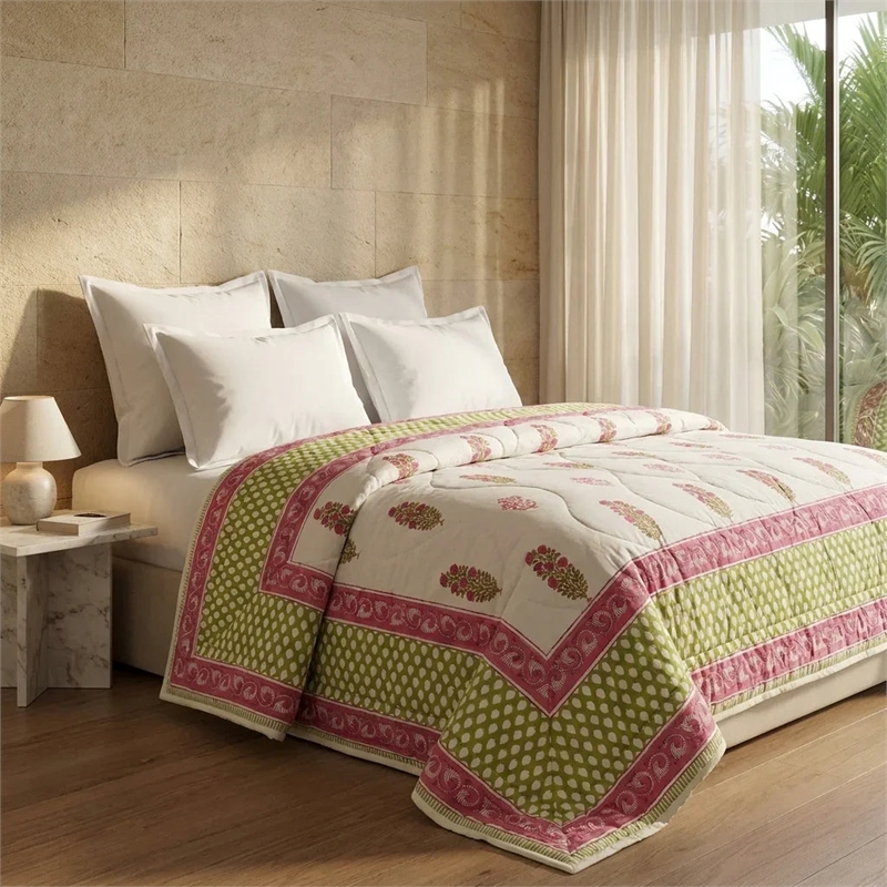 Cream & Deep Rose Olive Floral Jaipur Indian Hand Block Print Quilted Comforter