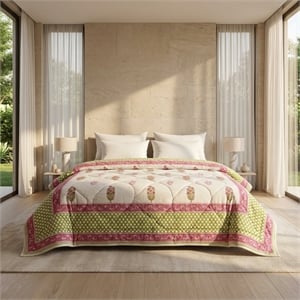 Cream & Deep Rose Olive Floral Jaipur Indian Hand Block Print Quilted Comforter