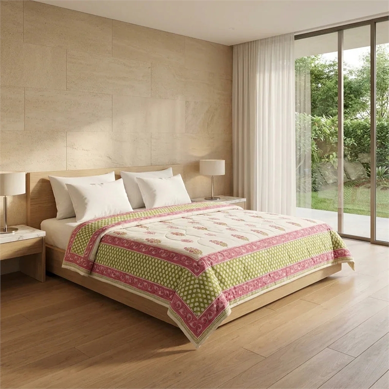 Cream & Deep Rose Olive Floral Jaipur Indian Hand Block Print Quilted Comforter