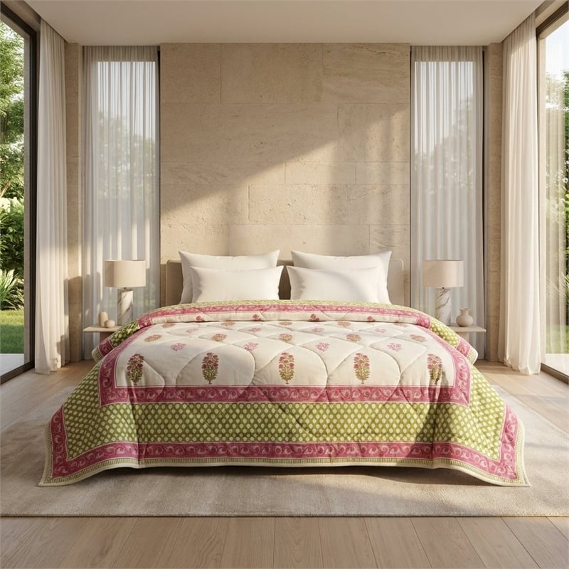 Cream & Deep Rose Olive Floral Jaipur Indian Hand Block Print Quilted Comforter