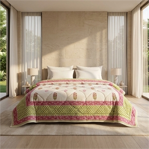 Cream & Deep Rose Olive Floral Jaipur Indian Hand Block Print Quilted Comforter