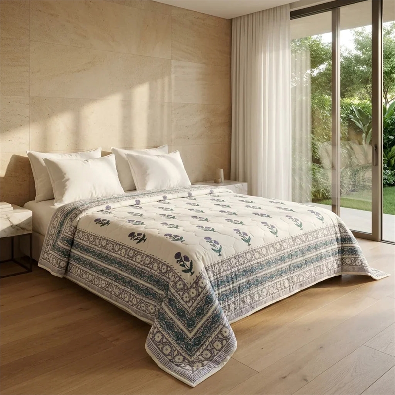 Cream & Indigo Blue Teal Floral Jaipur Indian Hand Block Print Quilted Comforter