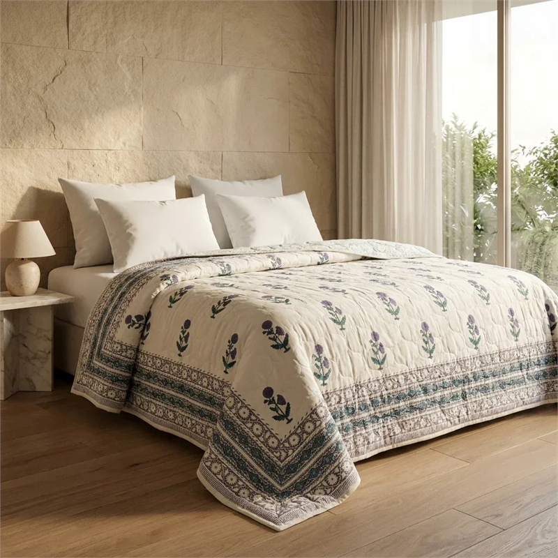 Cream & Indigo Blue Teal Floral Jaipur Indian Hand Block Print Quilted Comforter