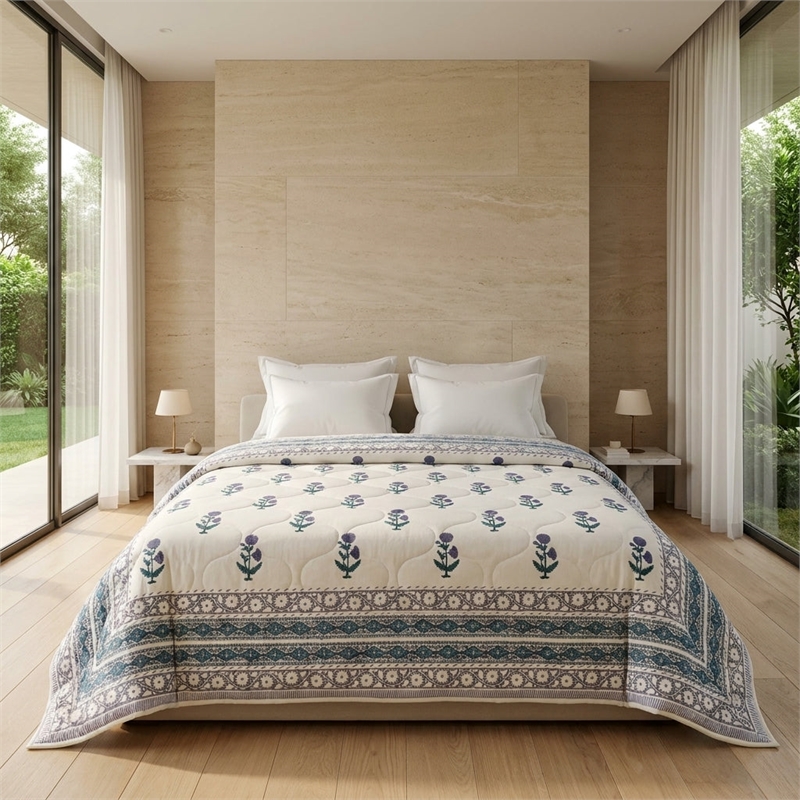 Cream & Indigo Blue Teal Floral Jaipur Indian Hand Block Print Quilted Comforter