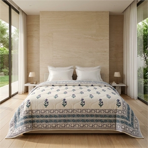 Cream & Indigo Blue Teal Floral Jaipur Indian Hand Block Print Quilted Comforter