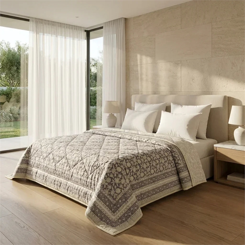 Cream & Taupe Neutral Floral Jaipur Indian Hand Block Print Quilted Comforter