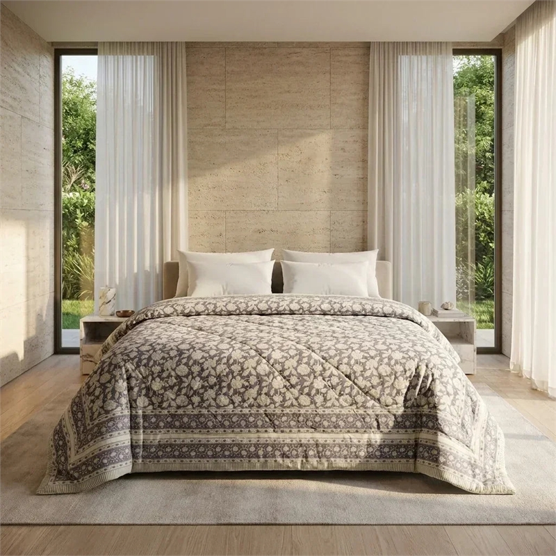 Cream & Taupe Neutral Floral Jaipur Indian Hand Block Print Quilted Comforter