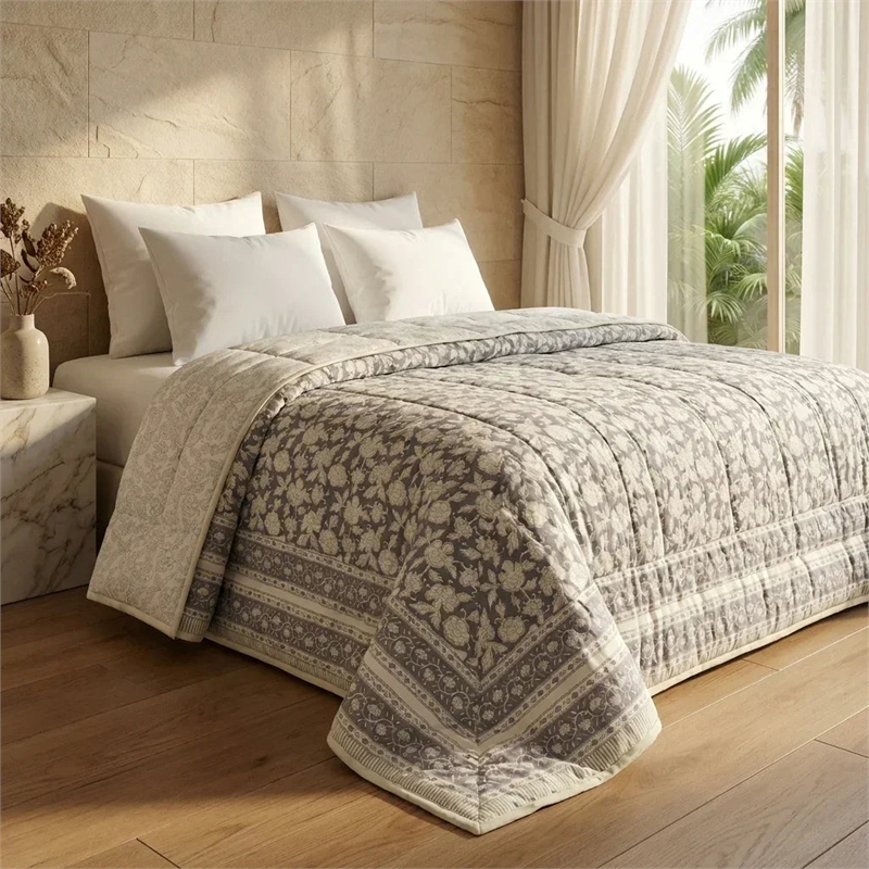 Cream & Taupe Neutral Floral Jaipur Indian Hand Block Print Quilted Comforter